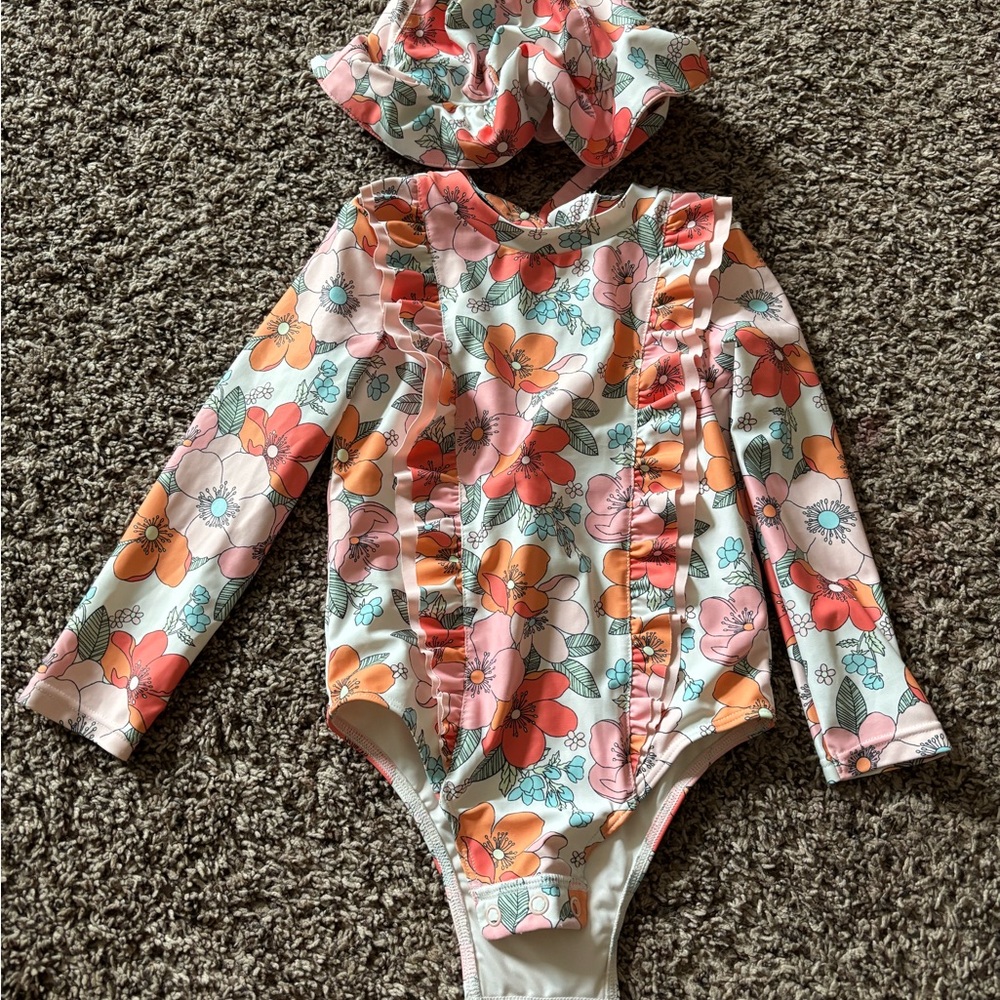 Floral Long Sleeve Swimsuit with matching hat